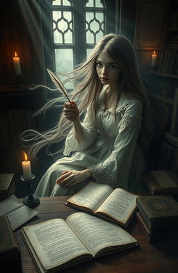 A mysterious and ethereal ghostwriter girl, sitting at an old wooden desk surrounded by books and parchment