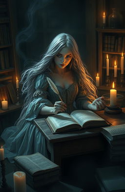A mysterious and ethereal ghostwriter girl, sitting at an old wooden desk surrounded by books and parchment