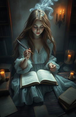 A mysterious and ethereal ghostwriter girl, sitting at an old wooden desk surrounded by books and parchment