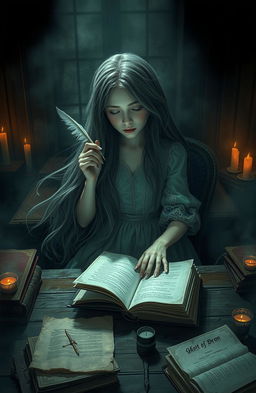 A mysterious and ethereal ghostwriter girl, sitting at an old wooden desk surrounded by books and parchment