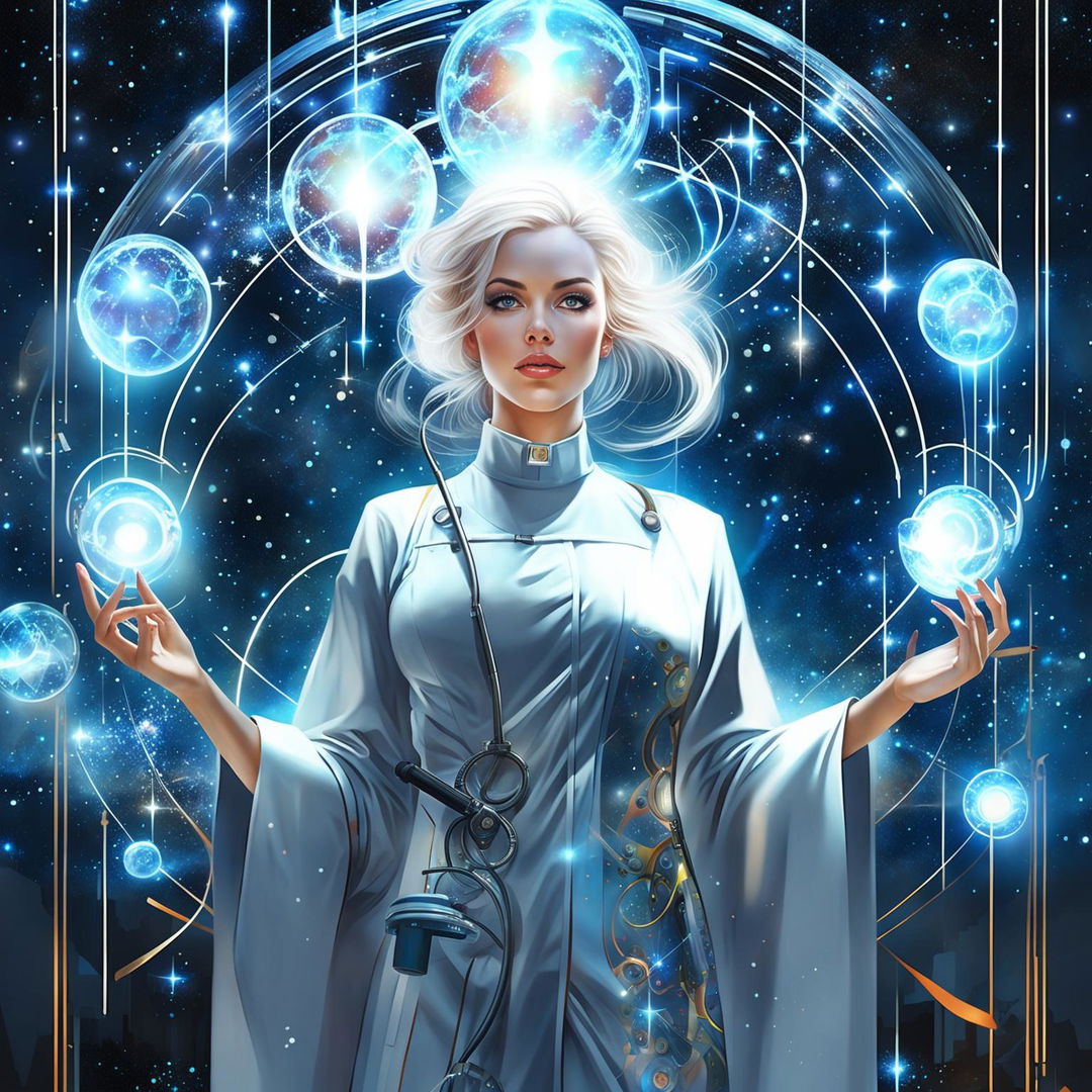 HD cinematic digital art of a godlike female doctor with galaxies in her eyes, interacting with holographic screens of scientific data, wearing a detailed modern stethoscope around her neck, holding a medical syringe and a thermometer in a modern hospital blended with a cosmic landscape.