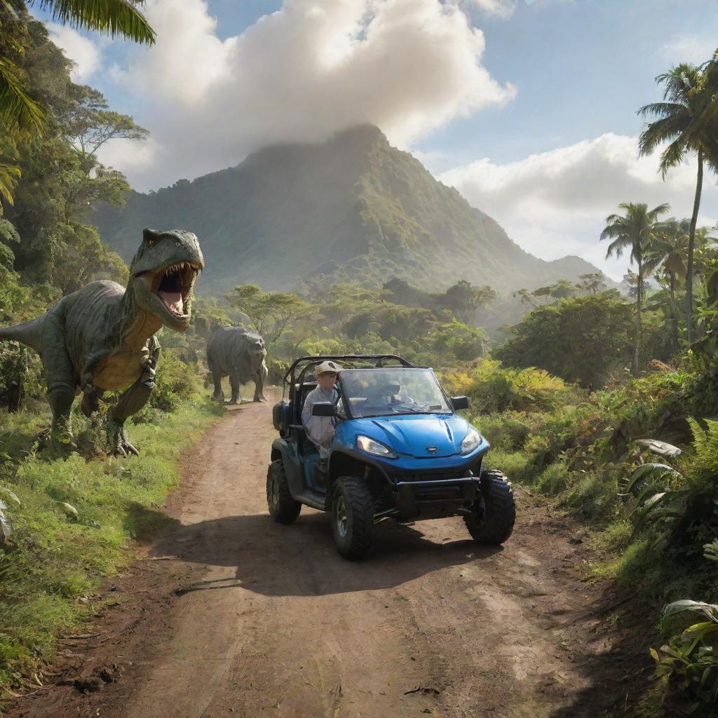 Modify the image to depict the next day, with John Hammond and Alan Grant riding in an electric vehicle through the lush landscape of Isla Nublar towards the T-Rex Paddock, under the bright morning sun.