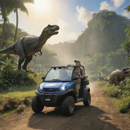 Modify the image to depict the next day, with John Hammond and Alan Grant riding in an electric vehicle through the lush landscape of Isla Nublar towards the T-Rex Paddock, under the bright morning sun.