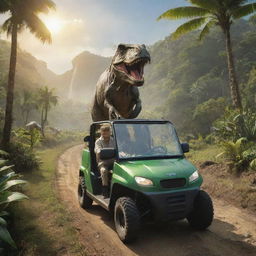 Modify the image to depict the next day, with John Hammond and Alan Grant riding in an electric vehicle through the lush landscape of Isla Nublar towards the T-Rex Paddock, under the bright morning sun.