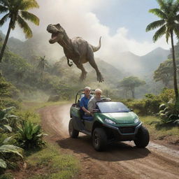 Modify the image to depict the next day, with John Hammond and Alan Grant riding in an electric vehicle through the lush landscape of Isla Nublar towards the T-Rex Paddock, under the bright morning sun.