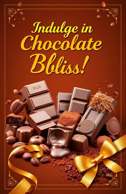A vibrant and appealing cover design for chocolate marketing, featuring a rich brown background with an assortment of delicious chocolate products displayed, including bars, truffles, and cocoa dusted treats