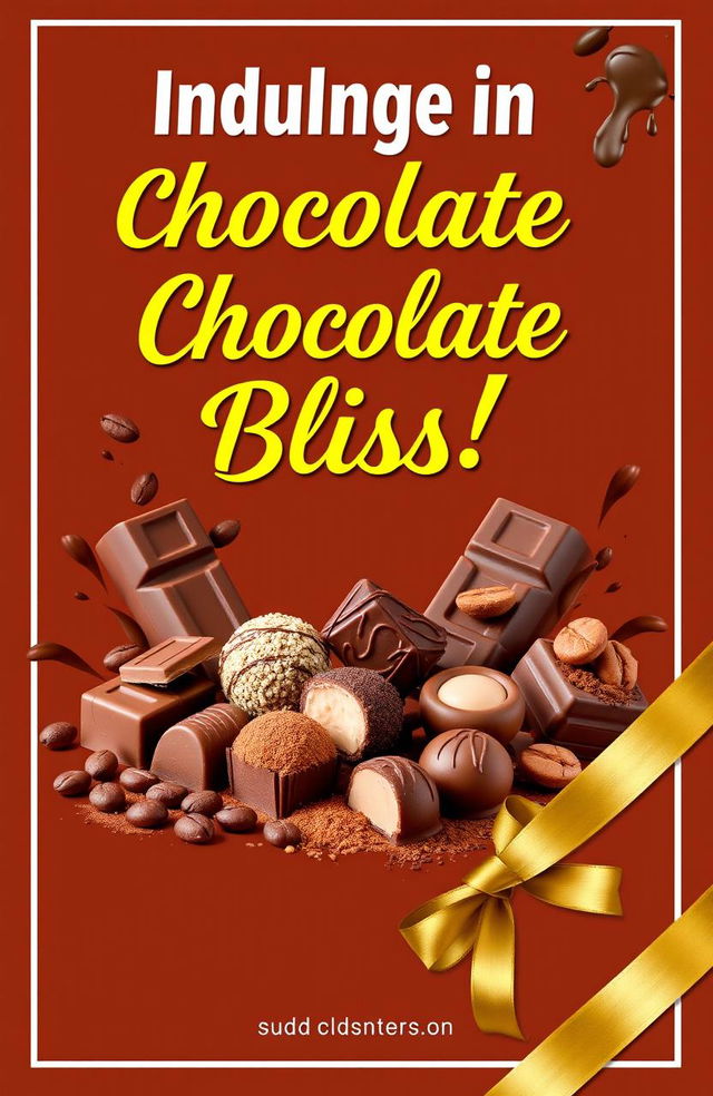 A vibrant and appealing cover design for chocolate marketing, featuring a rich brown background with an assortment of delicious chocolate products displayed, including bars, truffles, and cocoa dusted treats