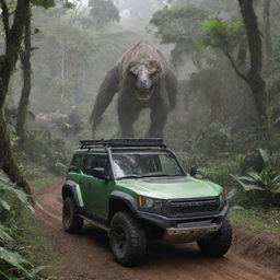 Change the image to show John Hammond and Alan Grant in an electric vehicle approaching the Raptor Paddock on Isla Nublar, a steel-and-glass enclosed area nestled in the heart of the jungle.