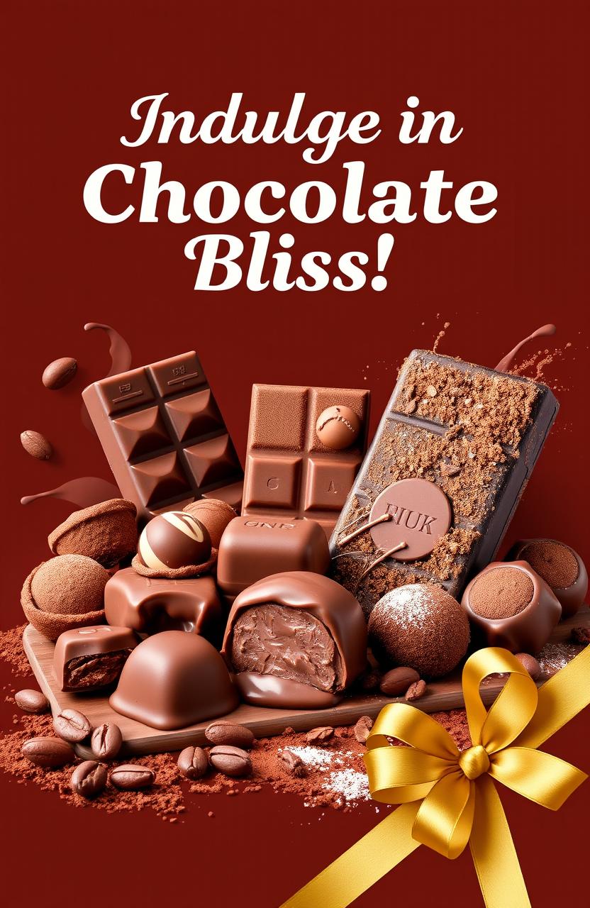 A vibrant and appealing cover design for chocolate marketing, featuring a rich brown background with an assortment of delicious chocolate products displayed, including bars, truffles, and cocoa dusted treats