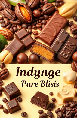 A vibrant and appealing cover page for a chocolate marketing campaign, showcasing an assortment of delectable chocolate treats