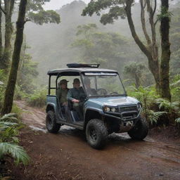 Change the image to show John Hammond and Alan Grant in an electric vehicle approaching the Raptor Paddock on Isla Nublar, a steel-and-glass enclosed area nestled in the heart of the jungle.