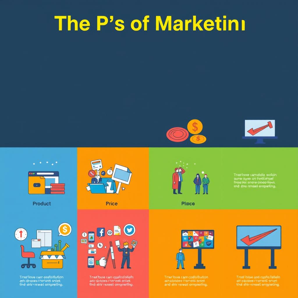 A professional and engaging cover page illustrating the 4 P's of marketing: Product, Price, Place, and Promotion