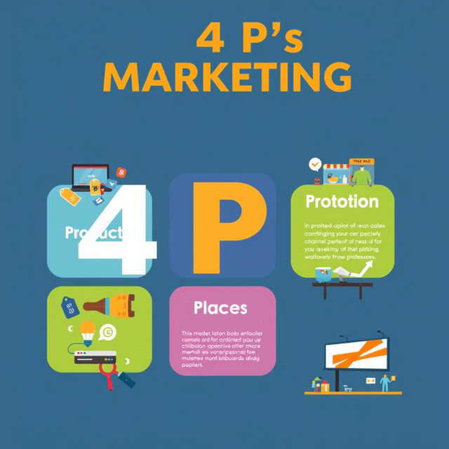 A professional and engaging cover page illustrating the 4 P's of marketing: Product, Price, Place, and Promotion