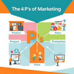 A professional and engaging cover page illustrating the 4 P's of marketing: Product, Price, Place, and Promotion