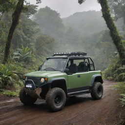 Change the image to show John Hammond and Alan Grant in an electric vehicle approaching the Raptor Paddock on Isla Nublar, a steel-and-glass enclosed area nestled in the heart of the jungle.