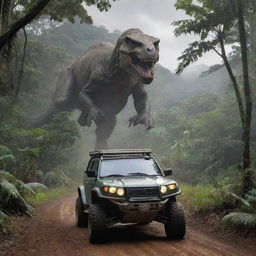 Change the image to show John Hammond and Alan Grant in an electric vehicle approaching the Raptor Paddock on Isla Nublar, a steel-and-glass enclosed area nestled in the heart of the jungle.