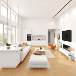 Una planta en 2D de un salón comedor con cocina integrada, con un espacio de 7x9 metros