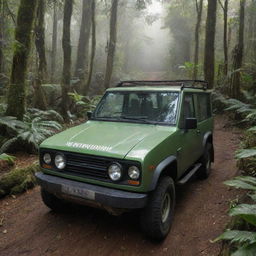 Revise the image to exhibit John Hammond and Alan Grant in the electric vehicle, surrounded by jungle, heading towards the Velociraptor Paddock - a reinforced containment area visible in the forest clearing.