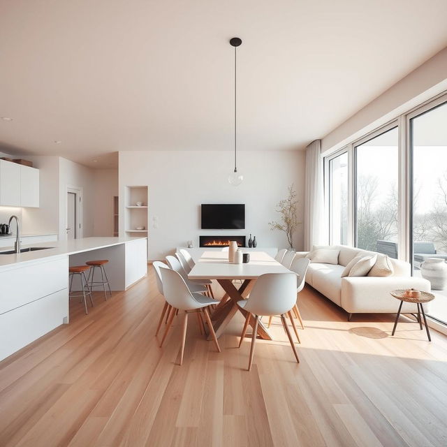 A beautifully designed Nordic style living dining area with an integrated kitchen