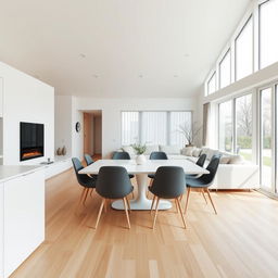 A beautifully designed Nordic style living dining area with an integrated kitchen