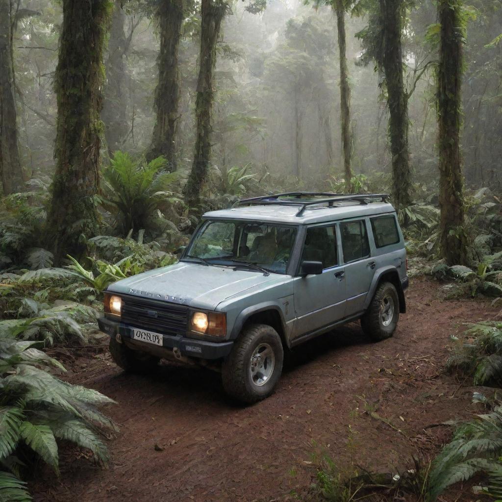 Revise the image to exhibit John Hammond and Alan Grant in the electric vehicle, surrounded by jungle, heading towards the Velociraptor Paddock - a reinforced containment area visible in the forest clearing.