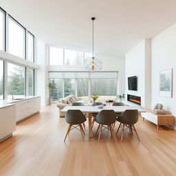 A beautifully designed Nordic style living dining area with an integrated kitchen