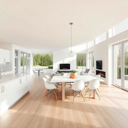 A beautifully designed Nordic style living dining area with an integrated kitchen