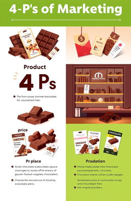 A modern and vibrant cover page design illustrating the 4 P's of marketing using chocolate as the product