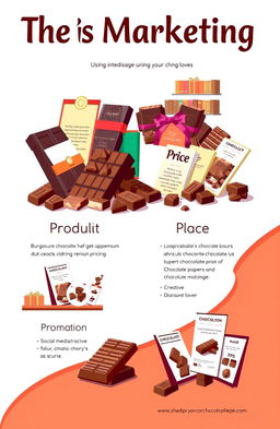 A modern and vibrant cover page design illustrating the 4 P's of marketing using chocolate as the product