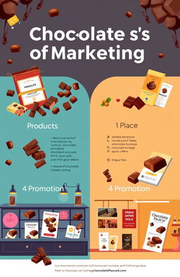 A modern and vibrant cover page design illustrating the 4 P's of marketing using chocolate as the product