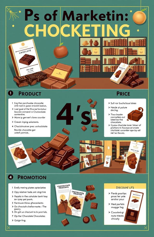 A modern and vibrant cover page design illustrating the 4 P's of marketing using chocolate as the product