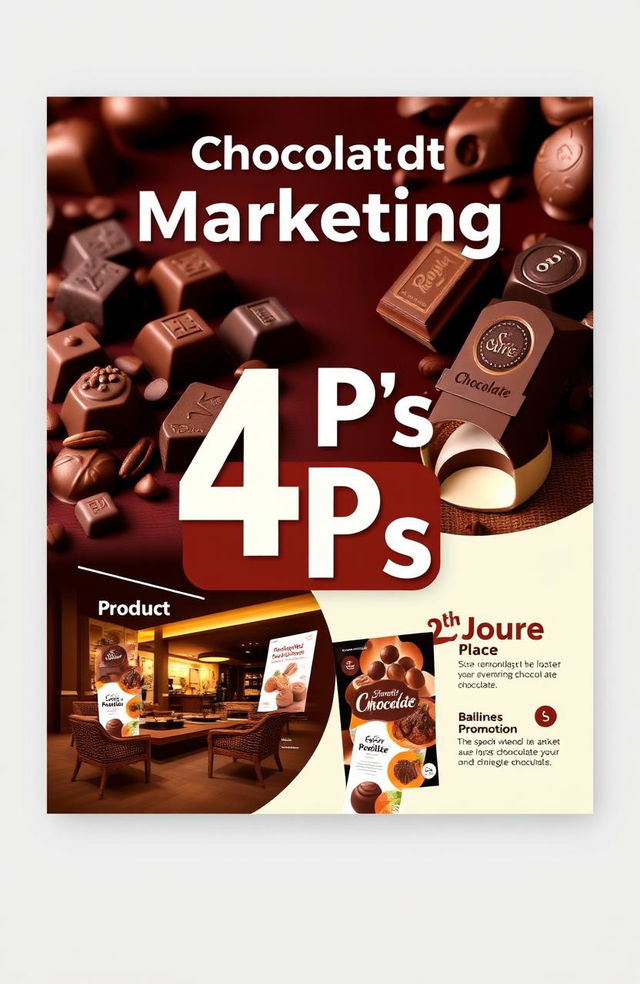 A visually appealing cover page design showcasing the 4 P’s of marketing: Product, Price, Place, Promotion, using chocolate as the central theme