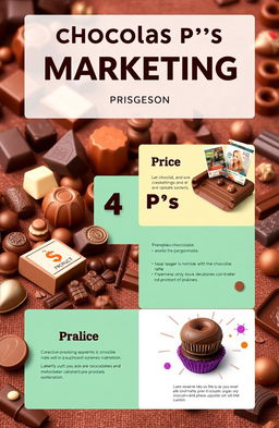 A visually appealing cover page design showcasing the 4 P’s of marketing: Product, Price, Place, Promotion, using chocolate as the central theme