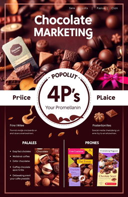 A visually appealing cover page design showcasing the 4 P’s of marketing: Product, Price, Place, Promotion, using chocolate as the central theme