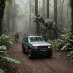 Revise the image to exhibit John Hammond and Alan Grant in the electric vehicle, surrounded by jungle, heading towards the Velociraptor Paddock - a reinforced containment area visible in the forest clearing.