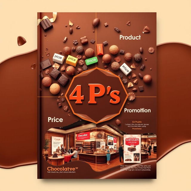 An engaging cover page design illustrating the 4 P’s of marketing: Product, Price, Place, and Promotion, all centered around the theme of chocolate