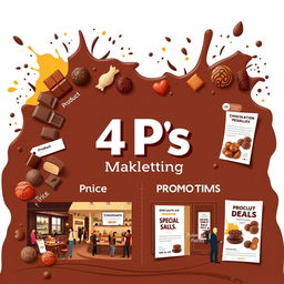 An engaging cover page design illustrating the 4 P’s of marketing: Product, Price, Place, and Promotion, all centered around the theme of chocolate