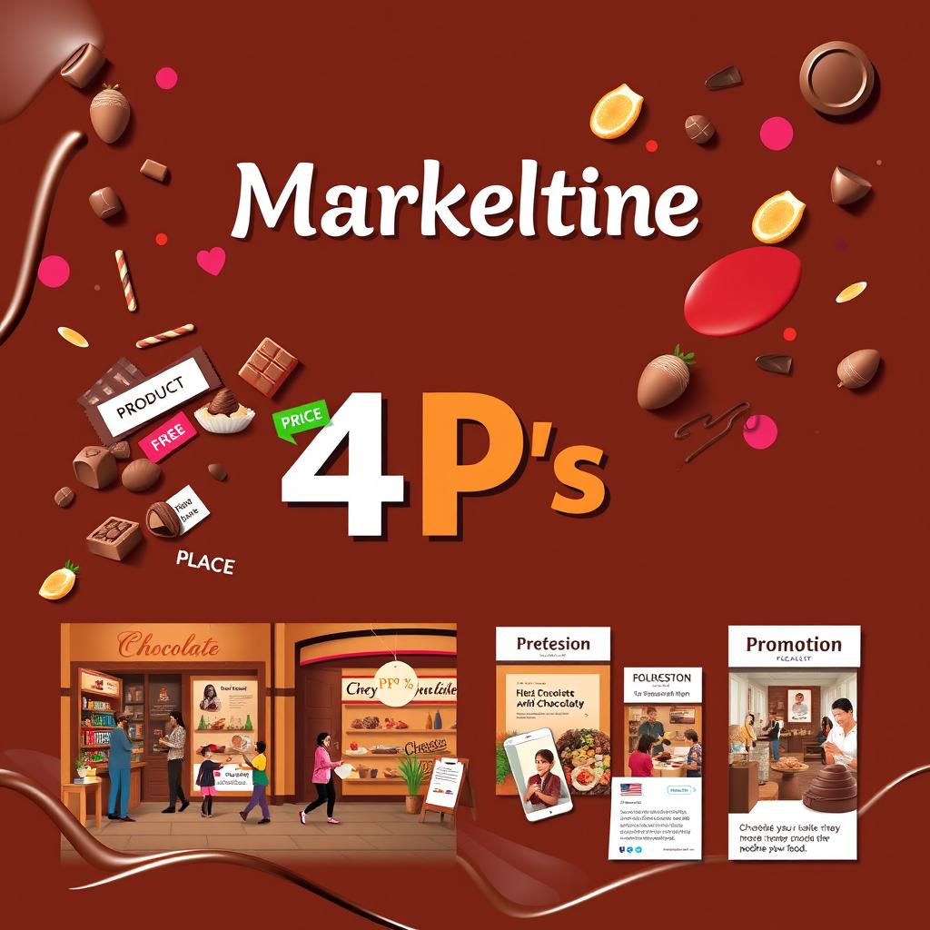 An engaging cover page design illustrating the 4 P’s of marketing: Product, Price, Place, and Promotion, all centered around the theme of chocolate