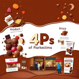 An engaging cover page design illustrating the 4 P’s of marketing: Product, Price, Place, and Promotion, all centered around the theme of chocolate