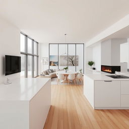 A modern Nordic-style living-dining room integrated with a kitchen, designed for a space of 63 square meters (7x9 meters)