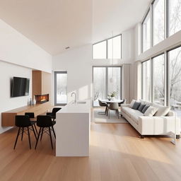 A modern Nordic-style living-dining room integrated with a kitchen, designed for a space of 63 square meters (7x9 meters)