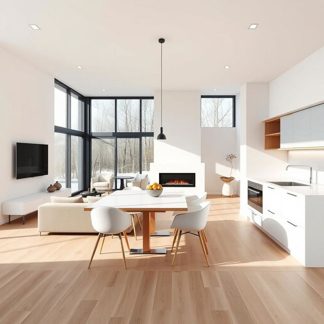 A modern Nordic-style living-dining room integrated with a kitchen, designed for a space of 63 square meters (7x9 meters)