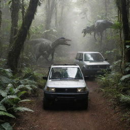 Revise the image to exhibit John Hammond and Alan Grant in the electric vehicle, surrounded by jungle, heading towards the Velociraptor Paddock - a reinforced containment area visible in the forest clearing.