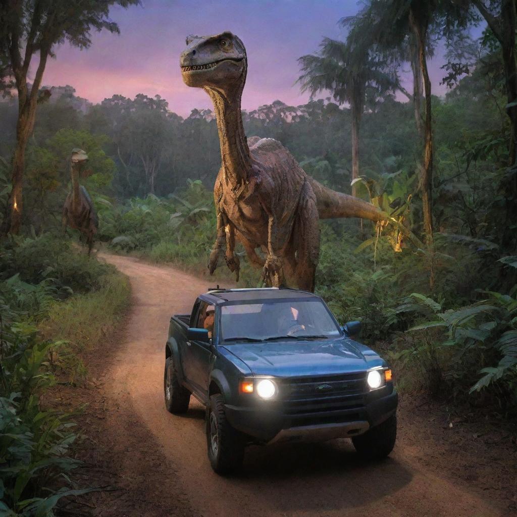 Modify the image to depict John Hammond and Alan Grant returning in the electric vehicle from Velociraptor Paddock to the Visitor Center at dusk, the Center's lights illuminating the surrounding jungle.