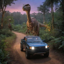 Modify the image to depict John Hammond and Alan Grant returning in the electric vehicle from Velociraptor Paddock to the Visitor Center at dusk, the Center's lights illuminating the surrounding jungle.