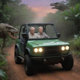 Modify the image to depict John Hammond and Alan Grant returning in the electric vehicle from Velociraptor Paddock to the Visitor Center at dusk, the Center's lights illuminating the surrounding jungle.