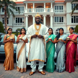 In an upscale setting, an African male dressed in traditional attire adorned with gleaming gold chains confidently stands next to a collection of luxurious cars parked outside a magnificent house