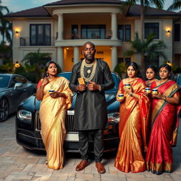 In an upscale setting, an African male dressed in traditional attire adorned with gleaming gold chains confidently stands next to a collection of luxurious cars parked outside a magnificent house
