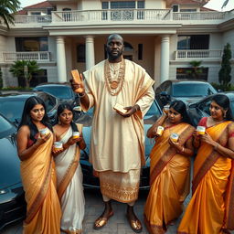 In an upscale setting, an African male dressed in traditional attire adorned with gleaming gold chains confidently stands next to a collection of luxurious cars parked outside a magnificent house