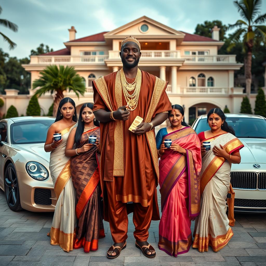 In an upscale setting, an African male dressed in traditional attire adorned with gleaming gold chains confidently stands next to a collection of luxurious cars parked outside a magnificent house